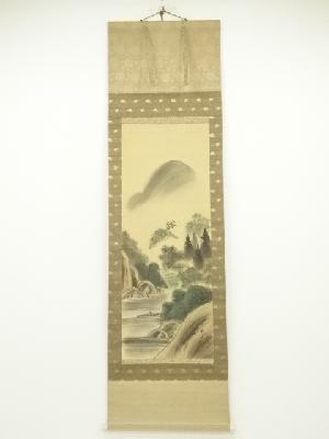 和美筆　彩色山水　肉筆絹本掛軸（保護箱）